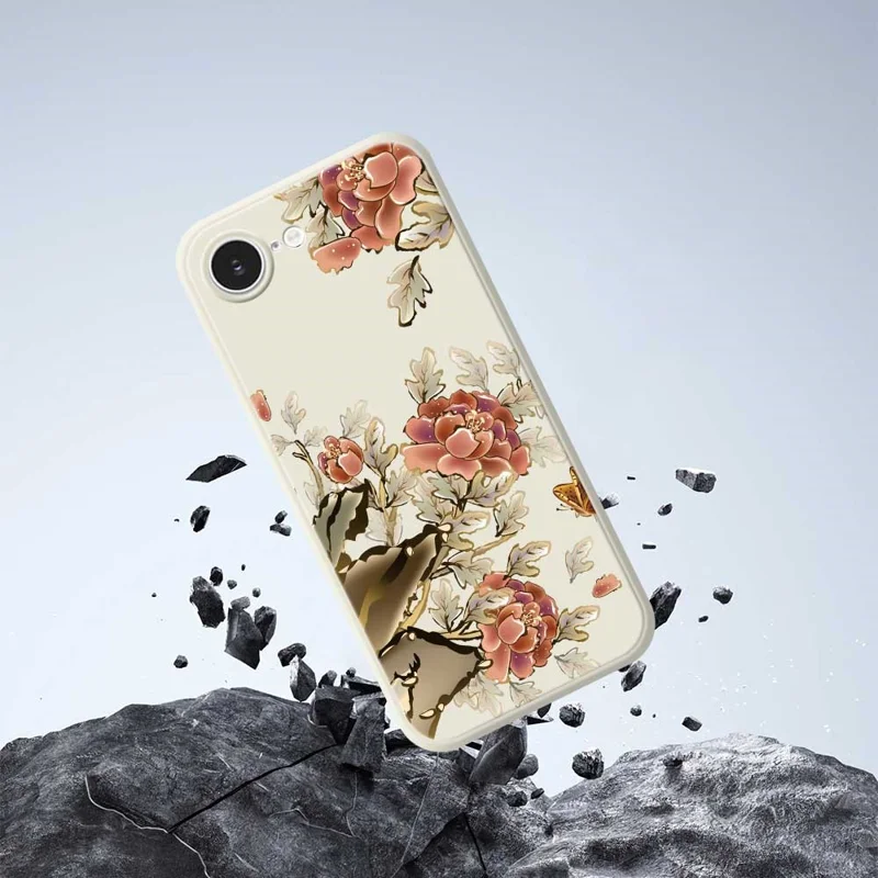 For iPhone 16e Case Red Flowers Pattern Printing Straight Edge TPU Phone Back Cover - Beige