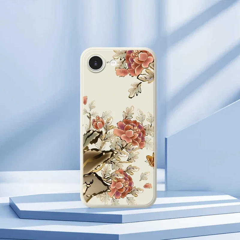 For iPhone 16e Case Red Flowers Pattern Printing Straight Edge TPU Phone Back Cover - Beige
