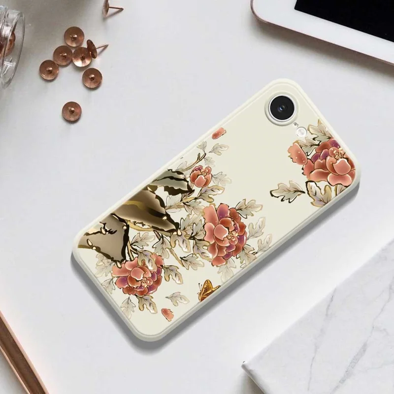 For iPhone 16e Case Red Flowers Pattern Printing Straight Edge TPU Phone Back Cover - Beige