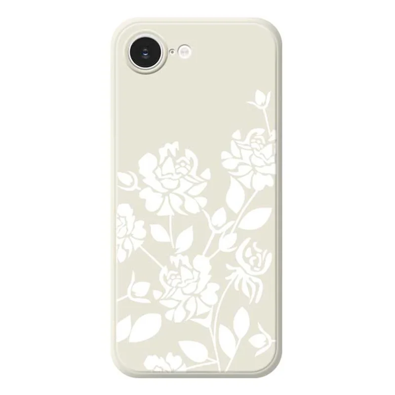 For iPhone 16e Case White Hollow Flowers Pattern Printing Straight Edge TPU Phone Back Cover - Beige