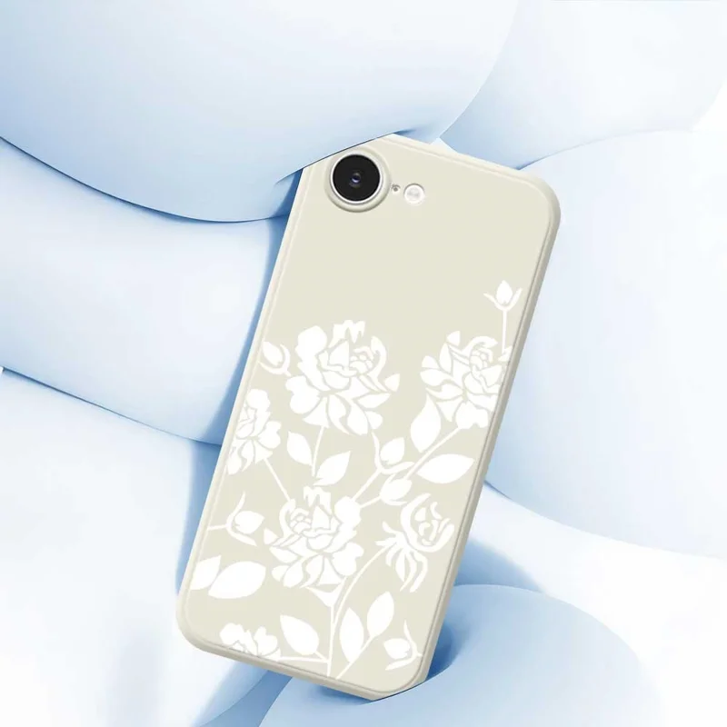 For iPhone 16e Case White Hollow Flowers Pattern Printing Straight Edge TPU Phone Back Cover - Beige
