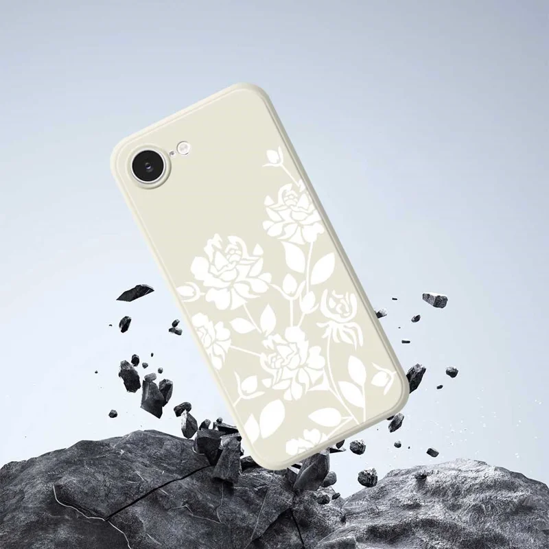 For iPhone 16e Case White Hollow Flowers Pattern Printing Straight Edge TPU Phone Back Cover - Beige