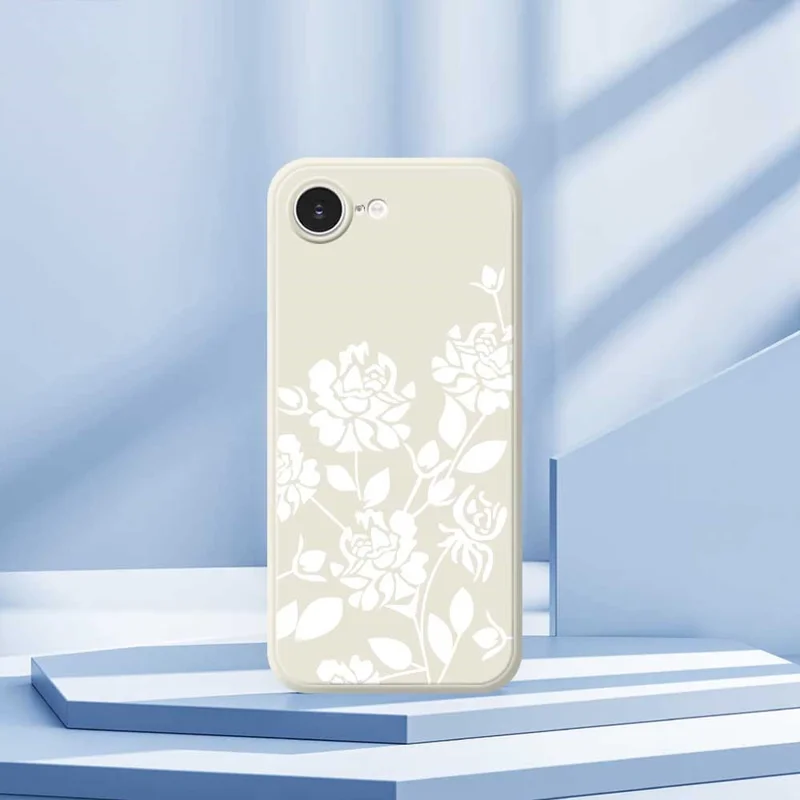 For iPhone 16e Case White Hollow Flowers Pattern Printing Straight Edge TPU Phone Back Cover - Beige