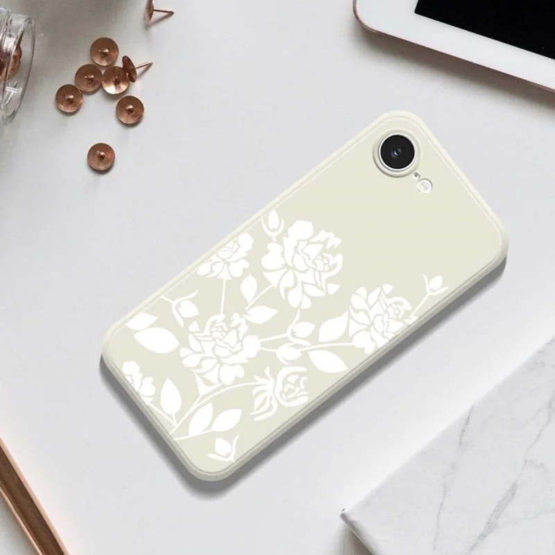 For iPhone 16e Case White Hollow Flowers Pattern Printing Straight Edge TPU Phone Back Cover - Beige