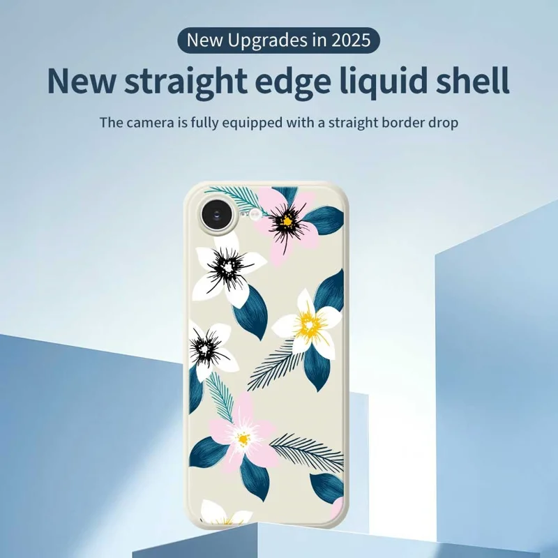 For iPhone 16e Case Pink White Flowers Blue Leaves Pattern Printing Straight Edge TPU Phone Back Cover - Beige