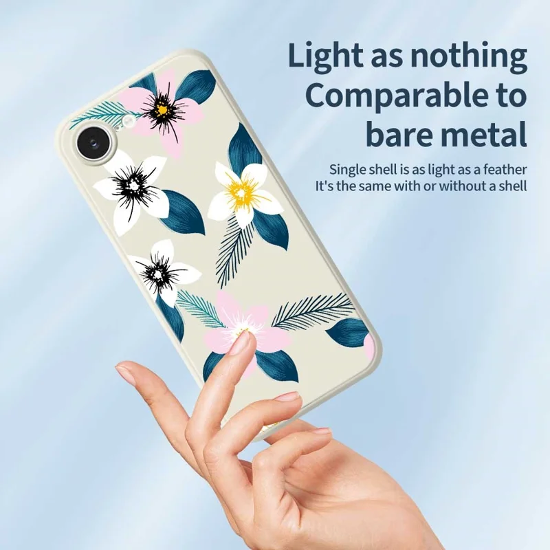 For iPhone 16e Case Pink White Flowers Blue Leaves Pattern Printing Straight Edge TPU Phone Back Cover - Beige