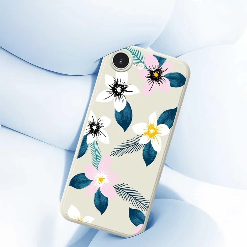 For iPhone 16e Case Pink White Flowers Blue Leaves Pattern Printing Straight Edge TPU Phone Back Cover - Beige