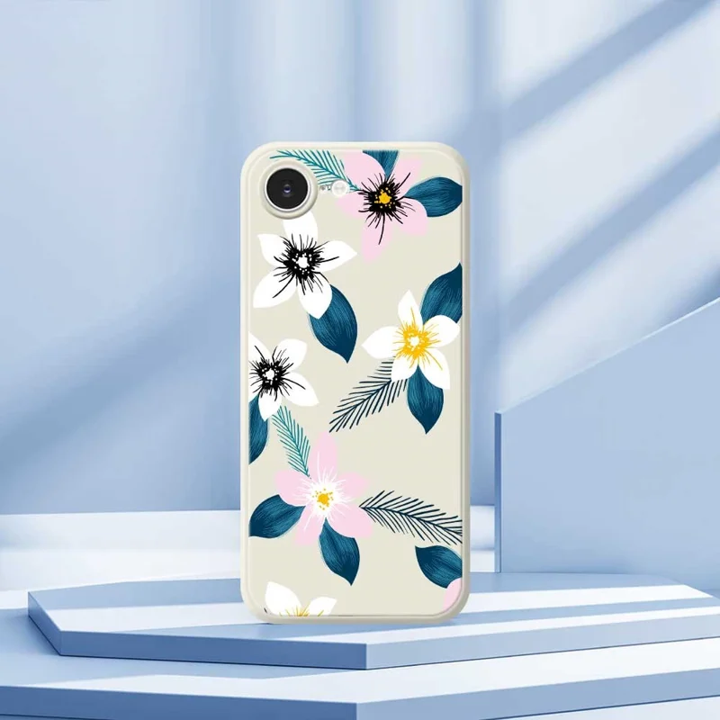 For iPhone 16e Case Pink White Flowers Blue Leaves Pattern Printing Straight Edge TPU Phone Back Cover - Beige
