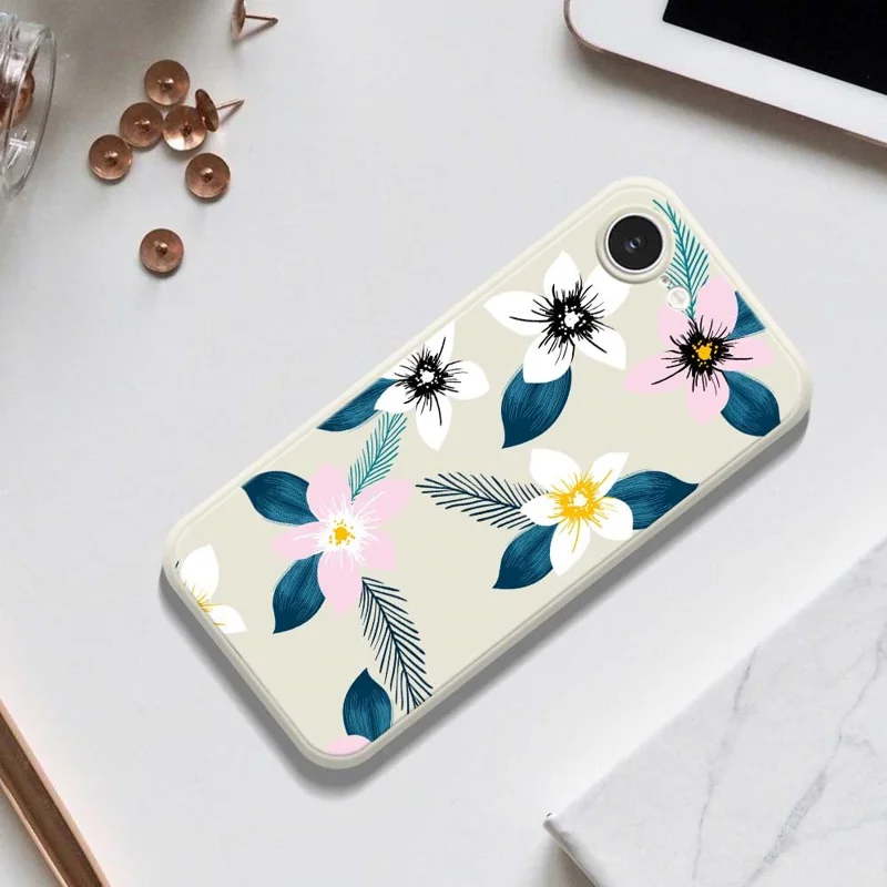 For iPhone 16e Case Pink White Flowers Blue Leaves Pattern Printing Straight Edge TPU Phone Back Cover - Beige