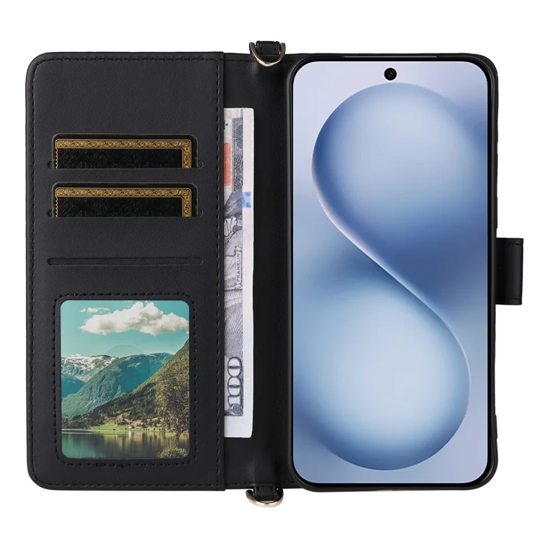 Für vivo X200 FE 5G / S30 Pro mini 5G Hülle mit Schulter- / Handgelenkband Lederhülle Ständer Brieftasche - Schwarz
