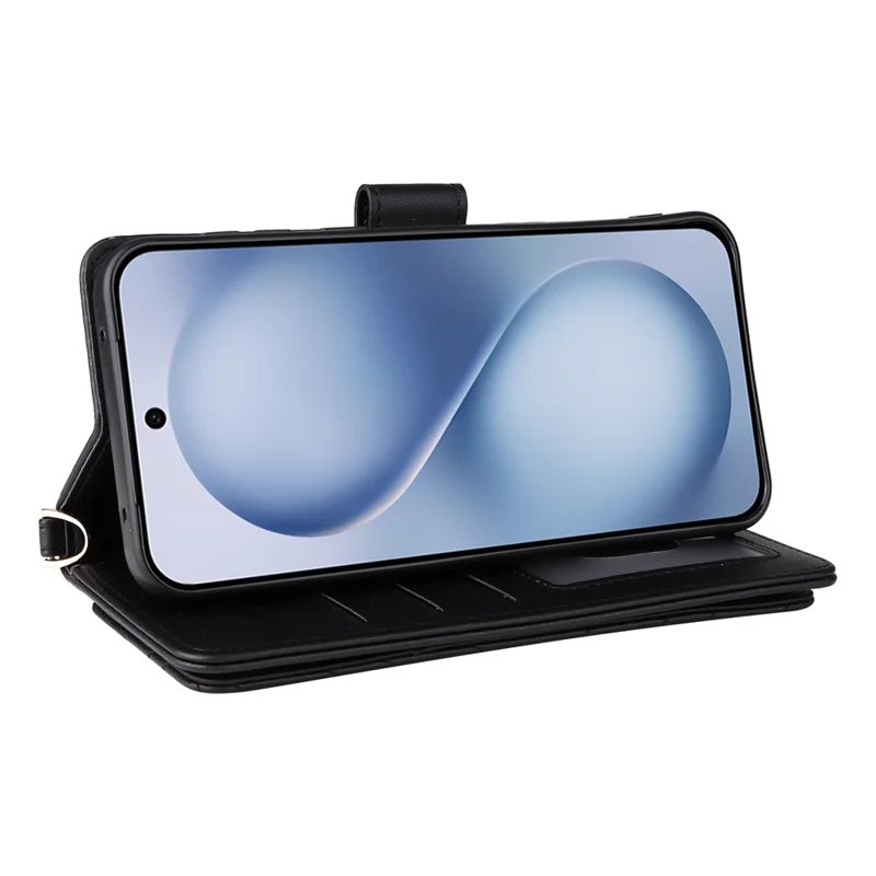 Für vivo X200 FE 5G / S30 Pro mini 5G Hülle mit Schulter- / Handgelenkband Lederhülle Ständer Brieftasche - Schwarz