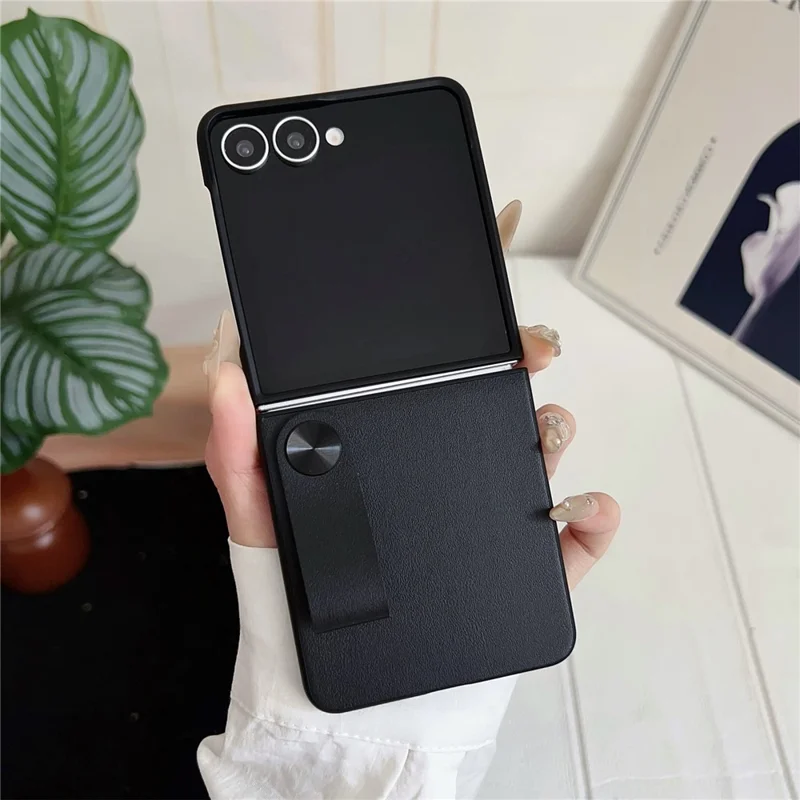 For Samsung Galaxy Z Flip7 5G Case PU Leather + PC Phone Cover with Grip Strap - Black