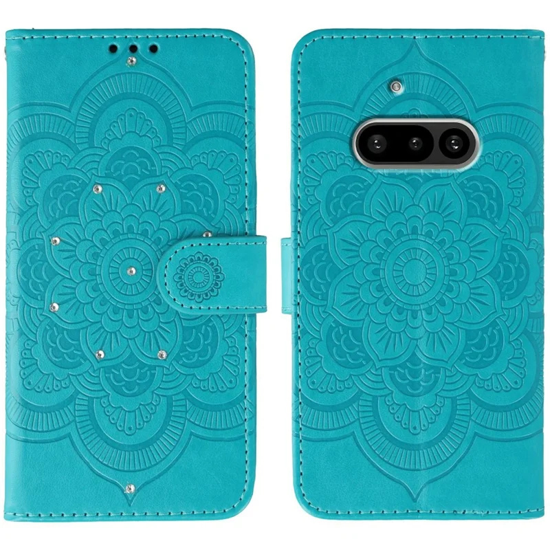 For Nothing Phone (3a) Case Rhinestone Decor PU Leather Mandala Imprinted Design Phone Cover with Wrist Strap - Blue