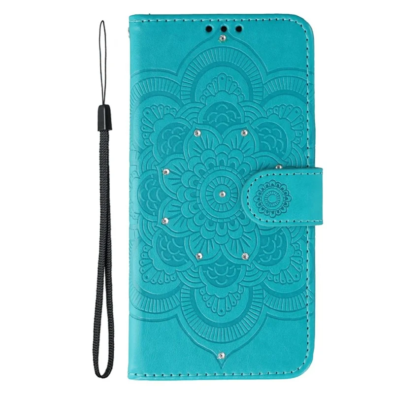 For Nothing Phone (3a) Case Rhinestone Decor PU Leather Mandala Imprinted Design Phone Cover with Wrist Strap - Blue