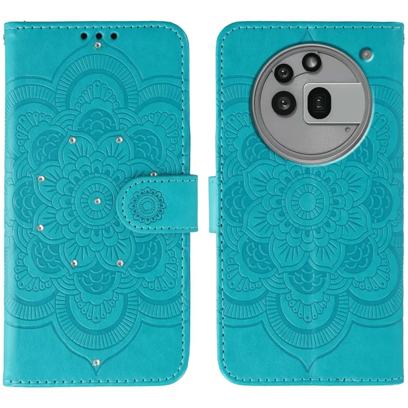 For Nothing Phone (3a) Pro Case Rhinestone Decor PU Leather Mandala Imprinted Design Phone Cover with Wrist Strap - Blue