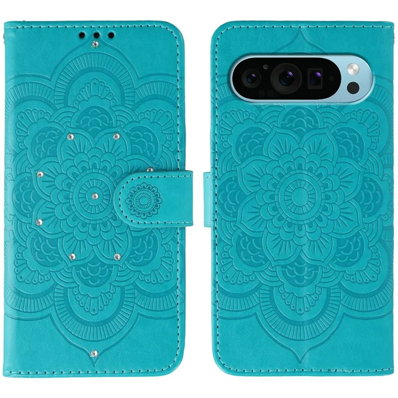 Per Google Pixel 10 Pro XL / 9 Pro XL Custodia con decorazione di strass in pelle PU con motivo mandala stampato e cinturino da polso - Blu