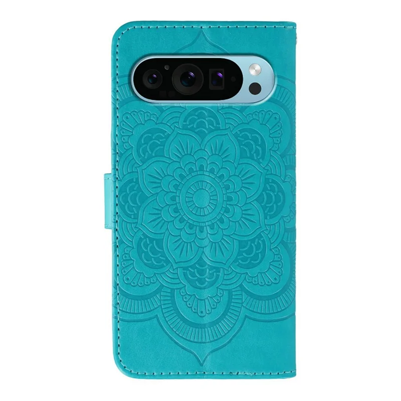 Per Google Pixel 10 Pro XL / 9 Pro XL Custodia con decorazione di strass in pelle PU con motivo mandala stampato e cinturino da polso - Blu