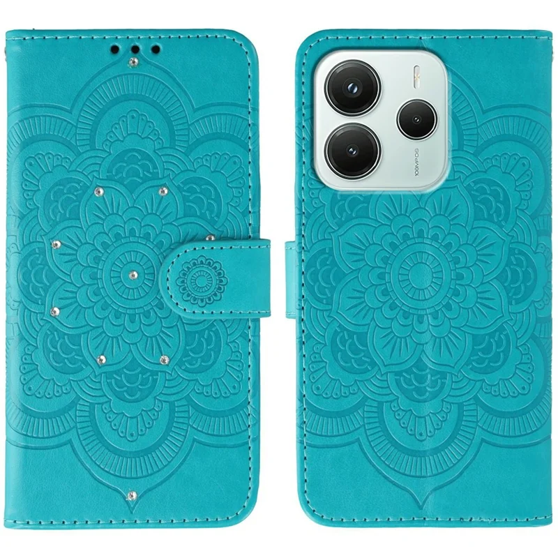 Til Xiaomi Redmi Note 14 4G (164,84 mm) Cover med Strassdekoration i PU-læder med Mandala-mønster og Håndledsrem - Blå
