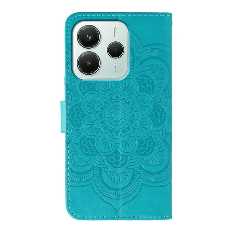 Til Xiaomi Redmi Note 14 4G (164,84 mm) Cover med Strassdekoration i PU-læder med Mandala-mønster og Håndledsrem - Blå