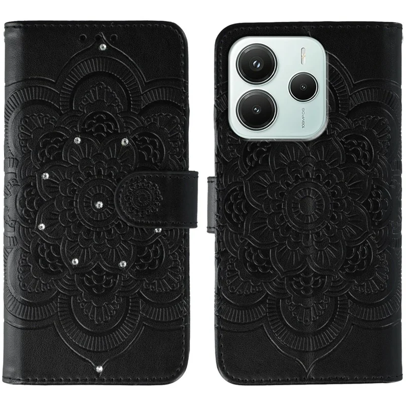 Cover per Xiaomi Redmi Note 14 5G / Poco M7 Pro 5G con Strass, Design Mandala Stampato, Pelle PU, con Cinturino da Polso - Nero