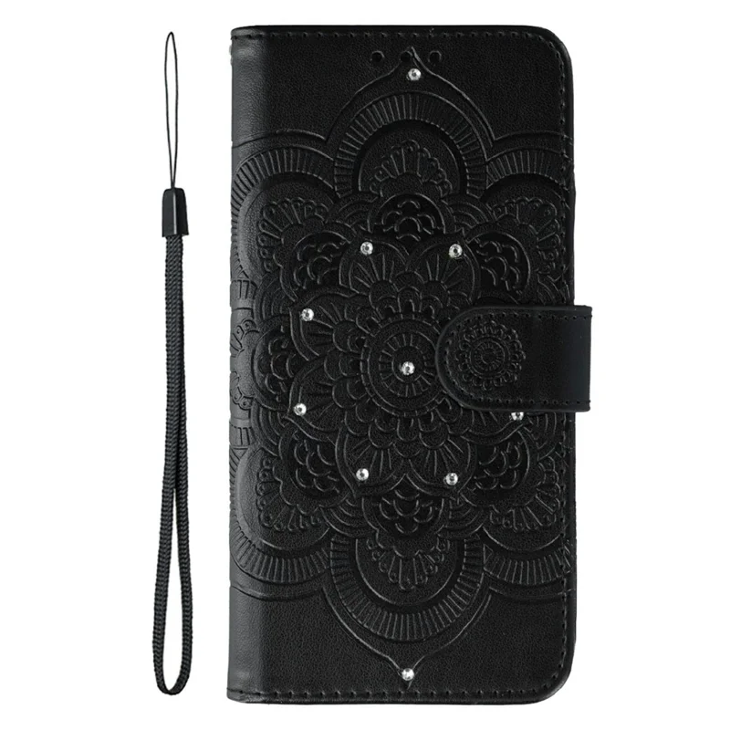 Cover per Xiaomi Redmi Note 14 5G / Poco M7 Pro 5G con Strass, Design Mandala Stampato, Pelle PU, con Cinturino da Polso - Nero