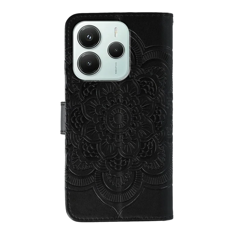 Cover per Xiaomi Redmi Note 14 5G / Poco M7 Pro 5G con Strass, Design Mandala Stampato, Pelle PU, con Cinturino da Polso - Nero