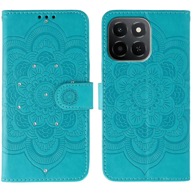 For Honor X6c 4G Case Rhinestone Decor PU Leather Mandala Imprinted Design Phone Cover with Wrist Strap - Blue