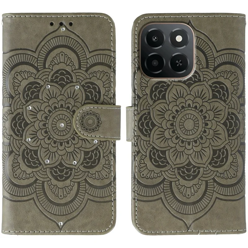 For Honor X6c 4G Case Rhinestone Decor PU Leather Mandala Imprinted Design Phone Cover with Wrist Strap - Grey