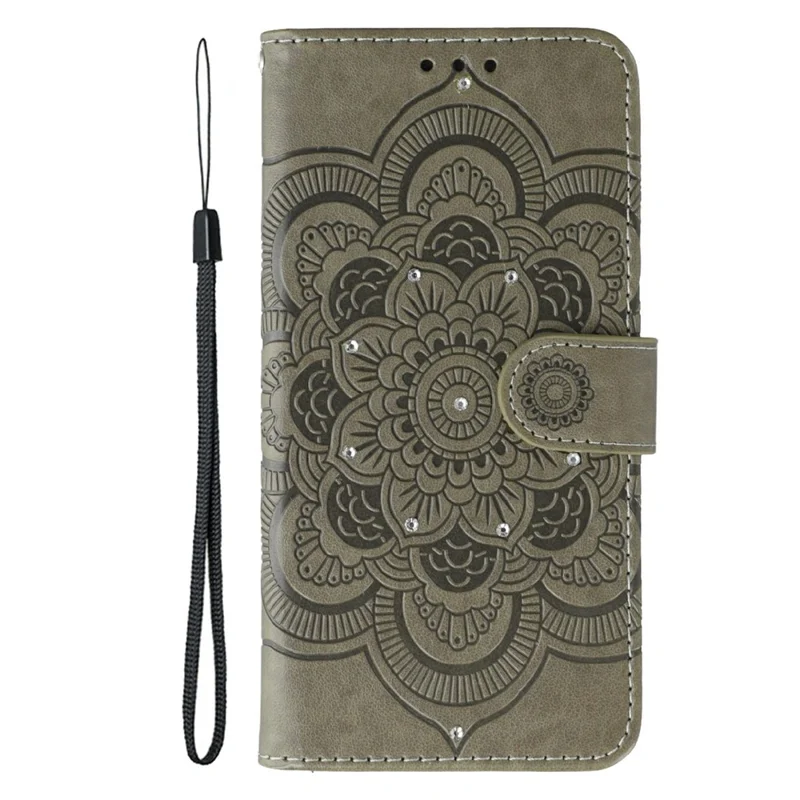 For Honor X6c 4G Case Rhinestone Decor PU Leather Mandala Imprinted Design Phone Cover with Wrist Strap - Grey