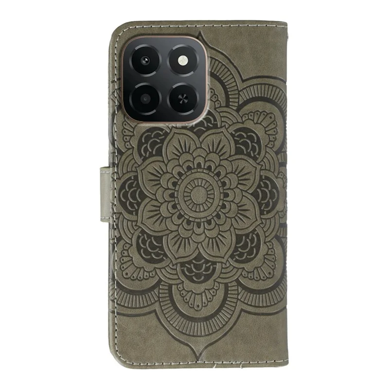 For Honor X6c 4G Case Rhinestone Decor PU Leather Mandala Imprinted Design Phone Cover with Wrist Strap - Grey