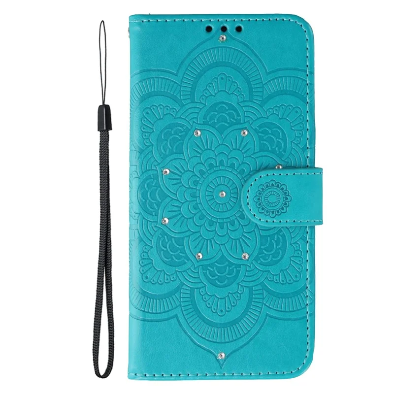 For Samsung Galaxy XCover7 Pro Case Rhinestone Decor PU Leather Mandala Imprinted Design Phone Cover with Wrist Strap - Blue