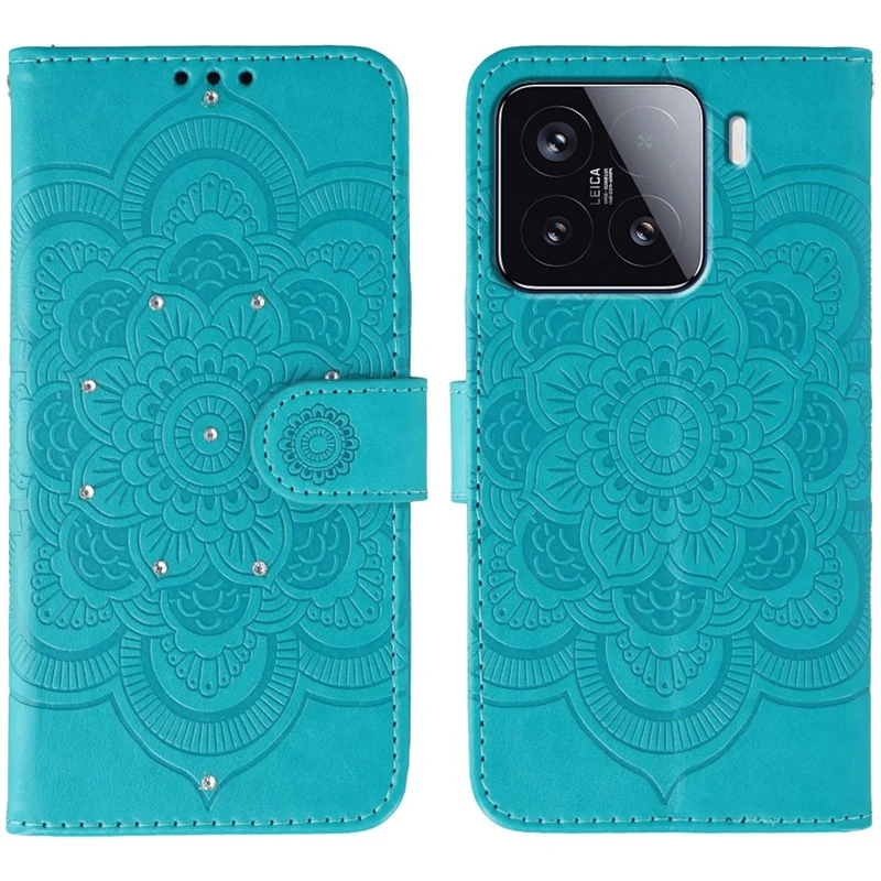 For Xiaomi 15 Case Rhinestone Decor PU Leather Mandala Imprinted Design Phone Cover with Wrist Strap - Blue
