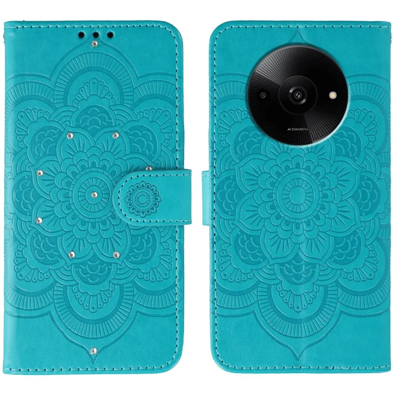 Чехол для телефона Xiaomi Redmi A3 4G / A3x 4G / Poco C61 4G, с украшением из страз, с рисунком мандалы из искусственной кожи и ремешком для запястья - Синий