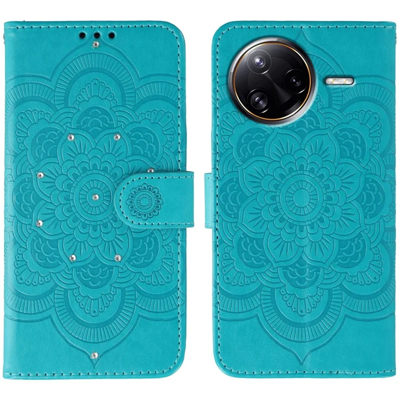 Phone Case For Xiaomi Redmi K80 5G / K80 Pro 5G / Poco F7 Pro 5G / F7 Ultra 5G , Rhinestone Decor Leather Mandala Imprinted Cover with Strap - Blue