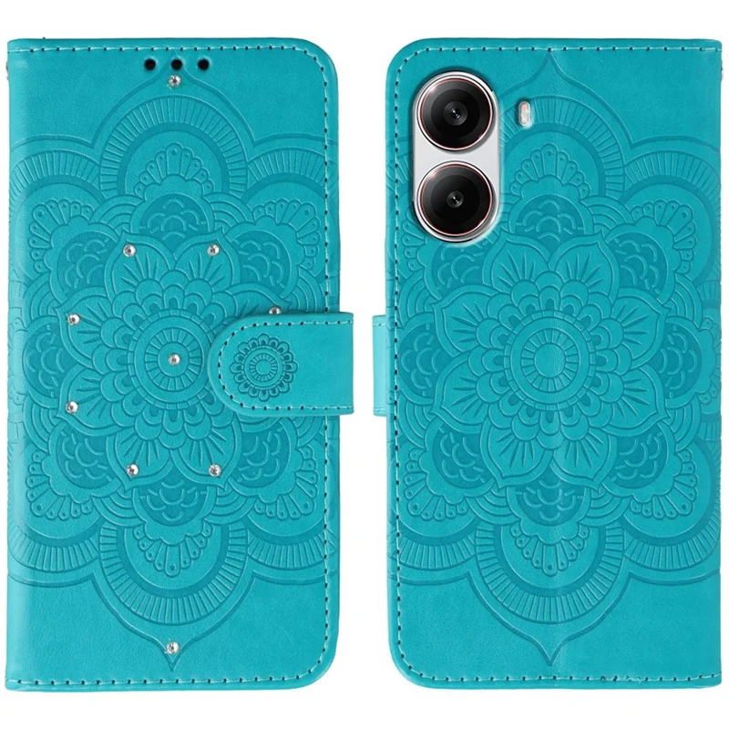 For Xiaomi Poco X7 Pro 5G / Redmi Turbo 4 5G Case Rhinestone Decor PU Leather Mandala Imprinted Design Phone Cover with Wrist Strap - Blue
