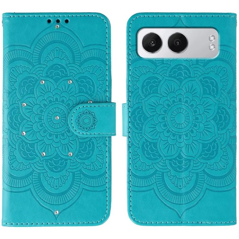 For OnePlus Nord 4 Case Rhinestone Decor PU Leather Mandala Imprinted Design Phone Cover with Wrist Strap - Blue
