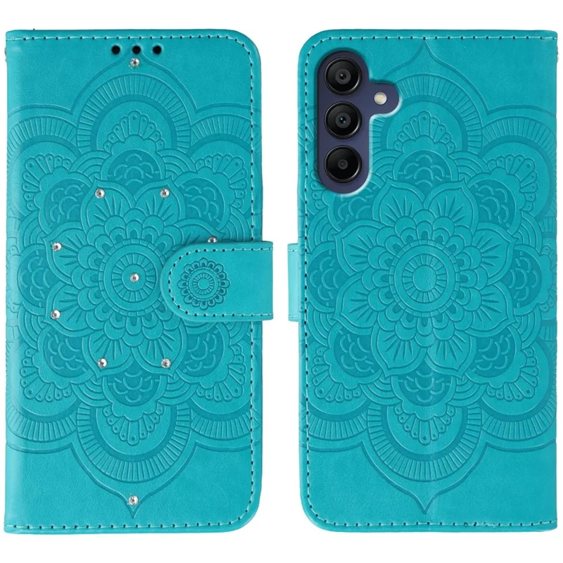 Voor Samsung Galaxy S25 FE Hoesje Strassdecoratie PU Leren Mandala Afdrukdesign Telefoonhoesje met Polsbandje - Blauw