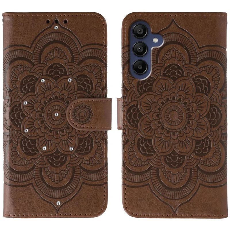 For Samsung Galaxy S25 FE Case Rhinestone Decor PU Leather Mandala Imprinted Design Phone Cover with Wrist Strap - Brown