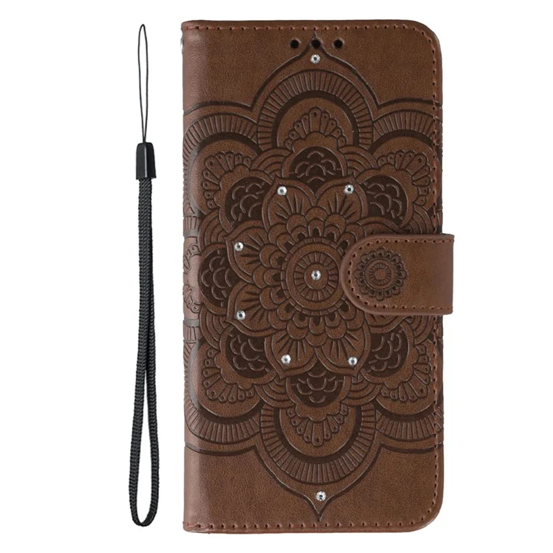 For Samsung Galaxy S25 FE Case Rhinestone Decor PU Leather Mandala Imprinted Design Phone Cover with Wrist Strap - Brown