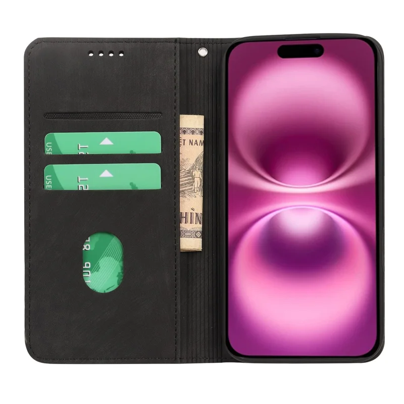 For iPhone 17 Case Strong Magnetic Leather Wallet Phone Cover with Striped Texture - Black