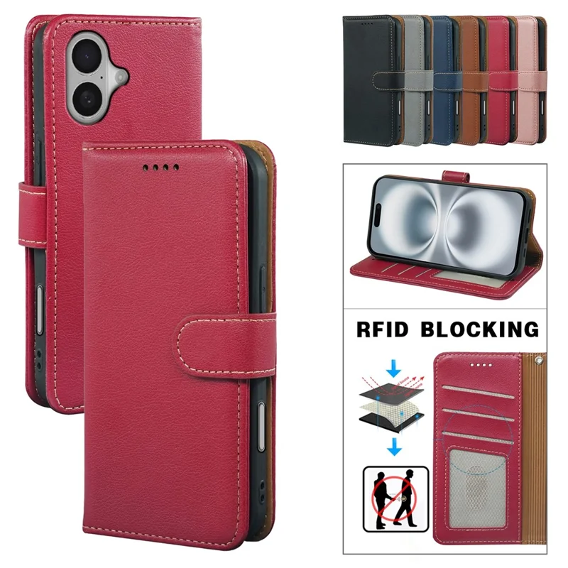 For iPhone 17 Case RFID Blocking Wallet Litchi Texture Leather Phone Cover Magnetic Clasp - Red