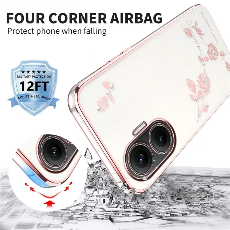 Capa KADEM para Xiaomi Redmi Turbo 4 Pro 5G / Poco F7 5G com Decoração de Strass Floral em TPU - Ouro Rosa
