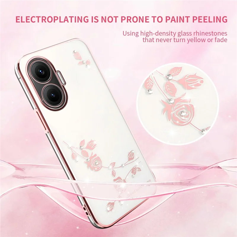 Capa KADEM para Xiaomi Redmi Turbo 4 Pro 5G / Poco F7 5G com Decoração de Strass Floral em TPU - Ouro Rosa