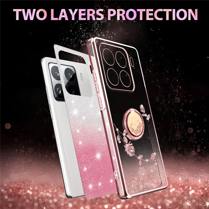 KADEM Para Xiaomi 15S Pro Funda con Anillo de Soporte TPU Flores Cubierta de Teléfono Degradado con Purpurina - Oro Rosa