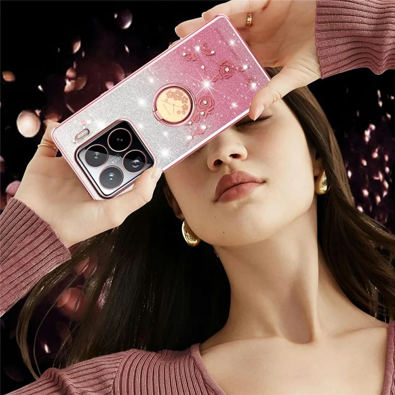 KADEM Para Xiaomi 15S Pro Funda con Anillo de Soporte TPU Flores Cubierta de Teléfono Degradado con Purpurina - Oro Rosa