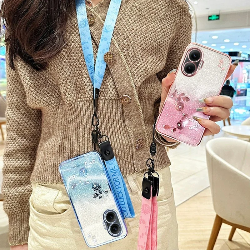 Capa KADEM para Xiaomi Redmi Turbo 4 Pro 5G / Poco F7 5G com Padrão Floral, Capa de Telefone TPU Degradê com Cordões - Azul