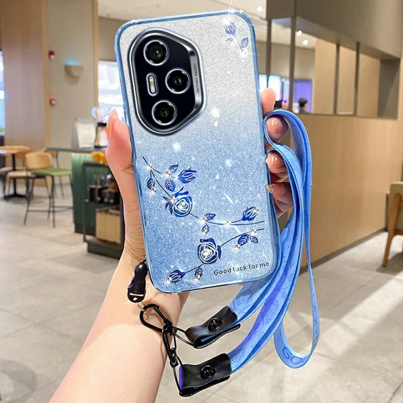 KADEM For Honor 400 Pro 5G (Global) Taske med Blomstermønster TPU Gradienttelefondæksel med Lanyards - Blå