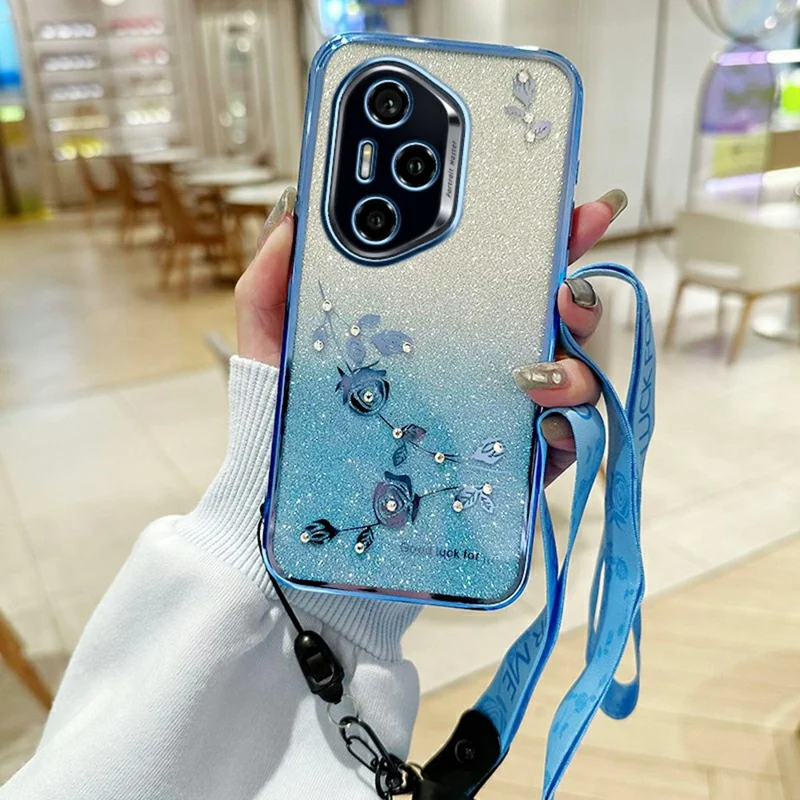 KADEM For Honor 400 Pro 5G (Global) Taske med Blomstermønster TPU Gradienttelefondæksel med Lanyards - Blå