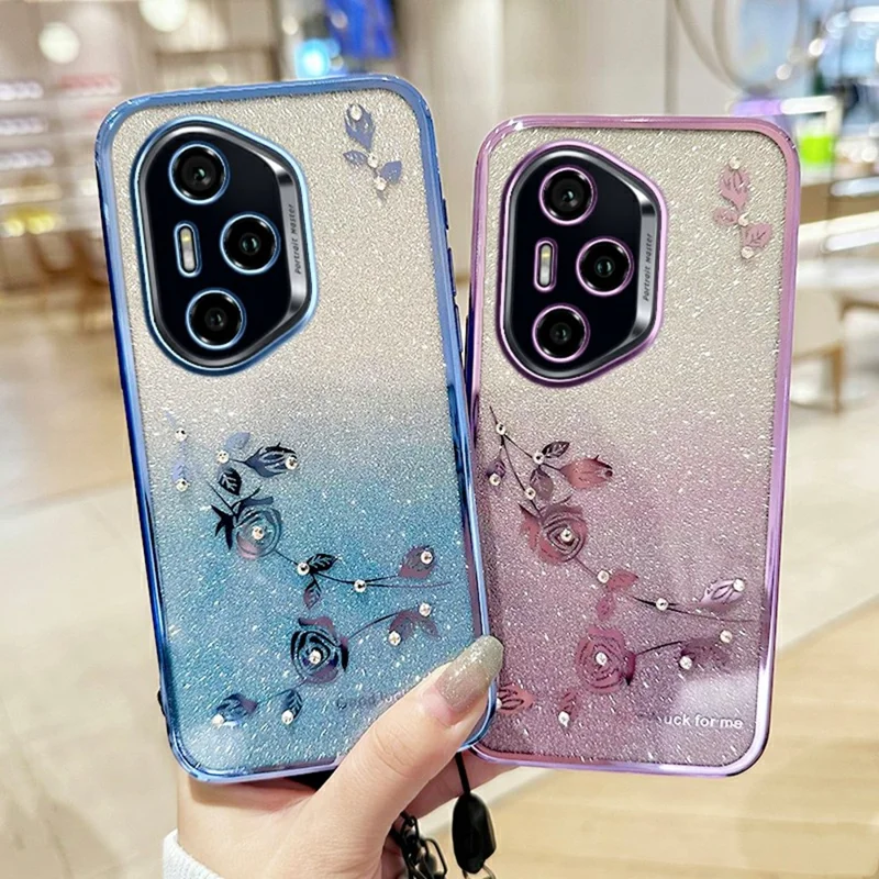 KADEM For Honor 400 Pro 5G (Global) Taske med Blomstermønster TPU Gradienttelefondæksel med Lanyards - Blå