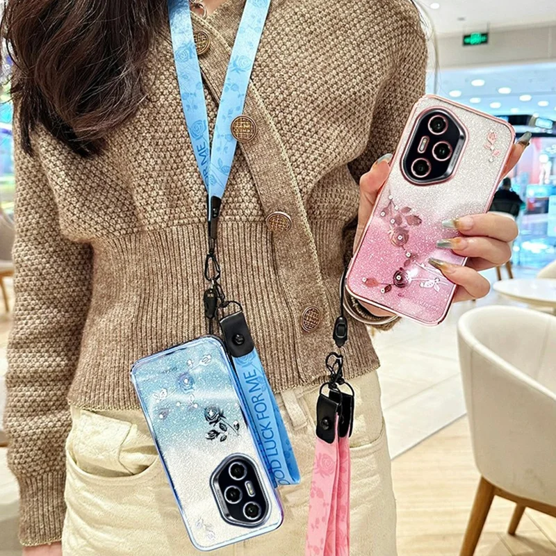 KADEM For Honor 400 Pro 5G (Global) Taske med Blomstermønster TPU Gradienttelefondæksel med Lanyards - Blå